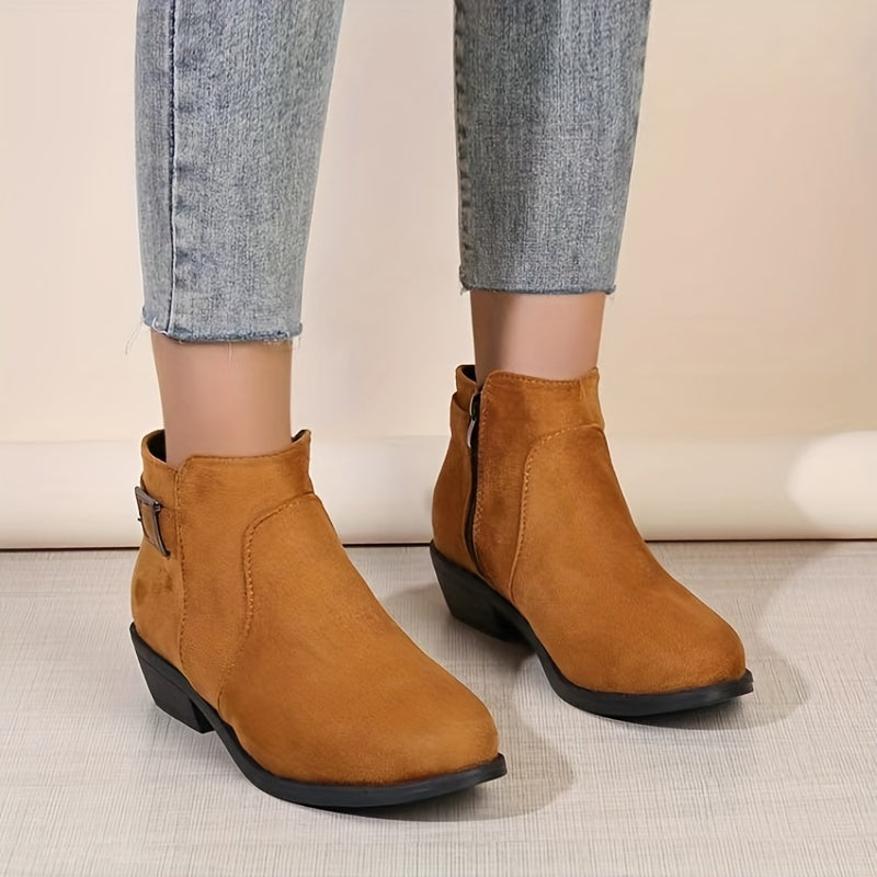 Women's Chunky Low Heel Short Boots Side Zip Ankle Buckle Boots