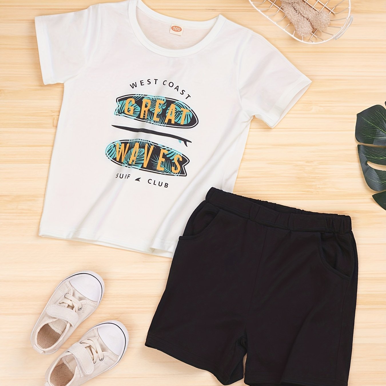 Boy's 2pcs T shirt & Shorts Set GREAT WAVES Print Top Casual Summer Outfits