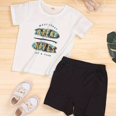 Boy's 2pcs T shirt & Shorts Set GREAT WAVES Print Top Casual Summer Outfits