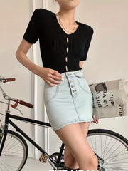 Cut Out Knitted Top Short Sleeve Sweater Women's Clothing