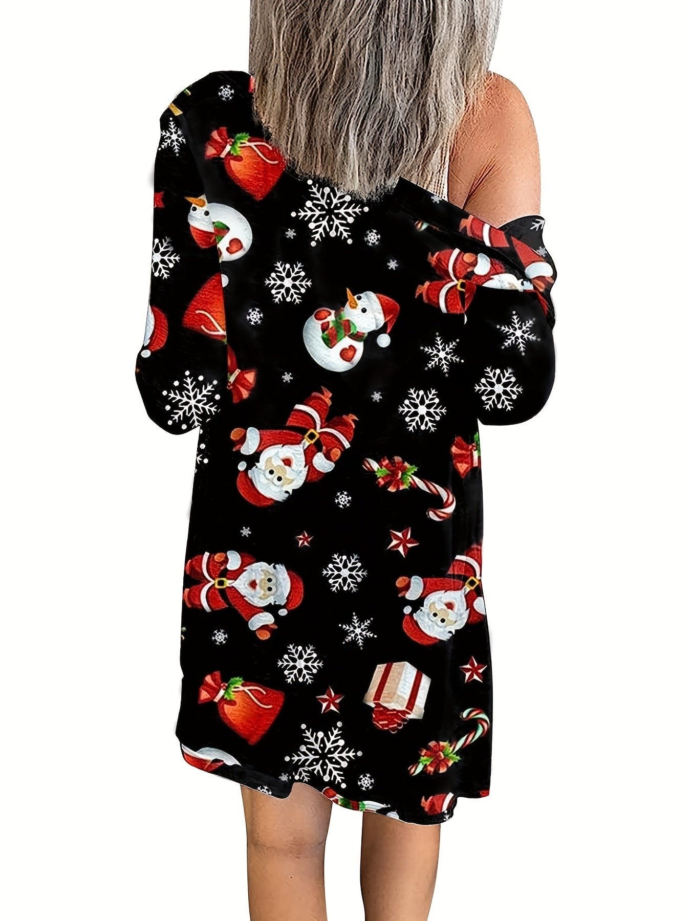 Christmas Print Long Sleeve Open Front Longline Cardigan