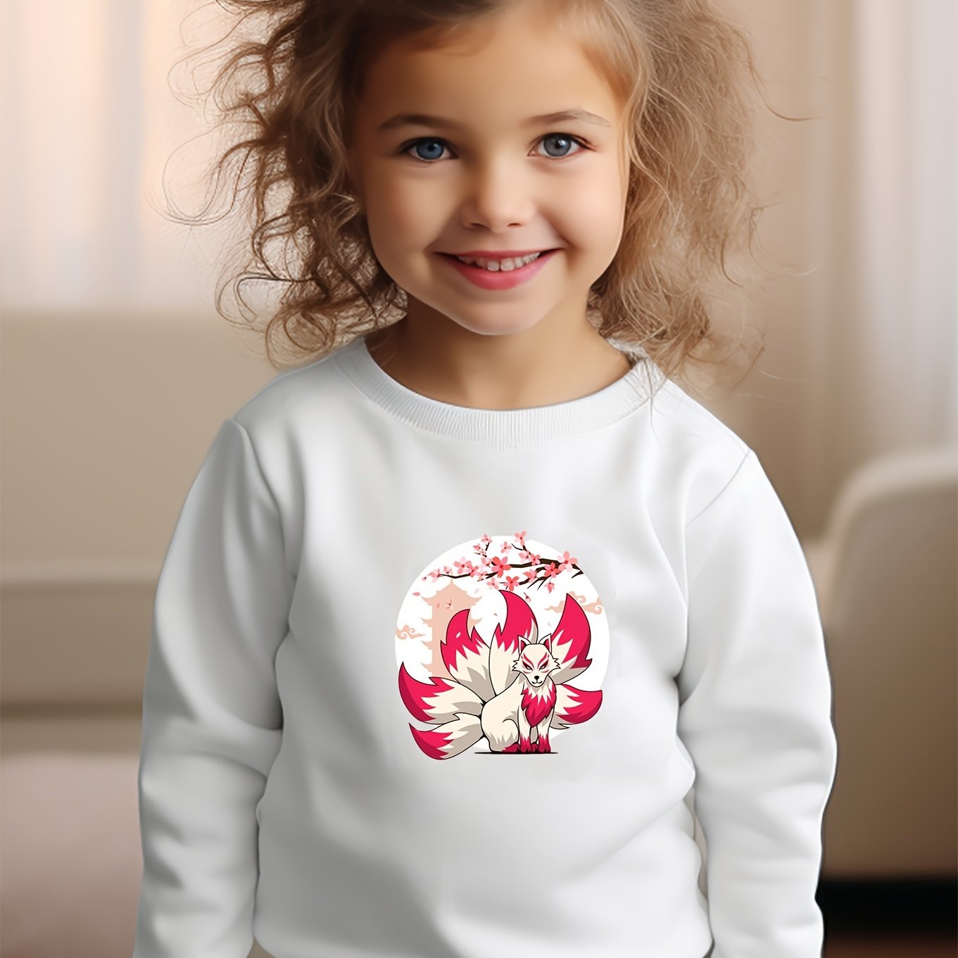 Girls Fox Pattern Crew Neck Long Sleeve Sweatshirt For Spring Fall