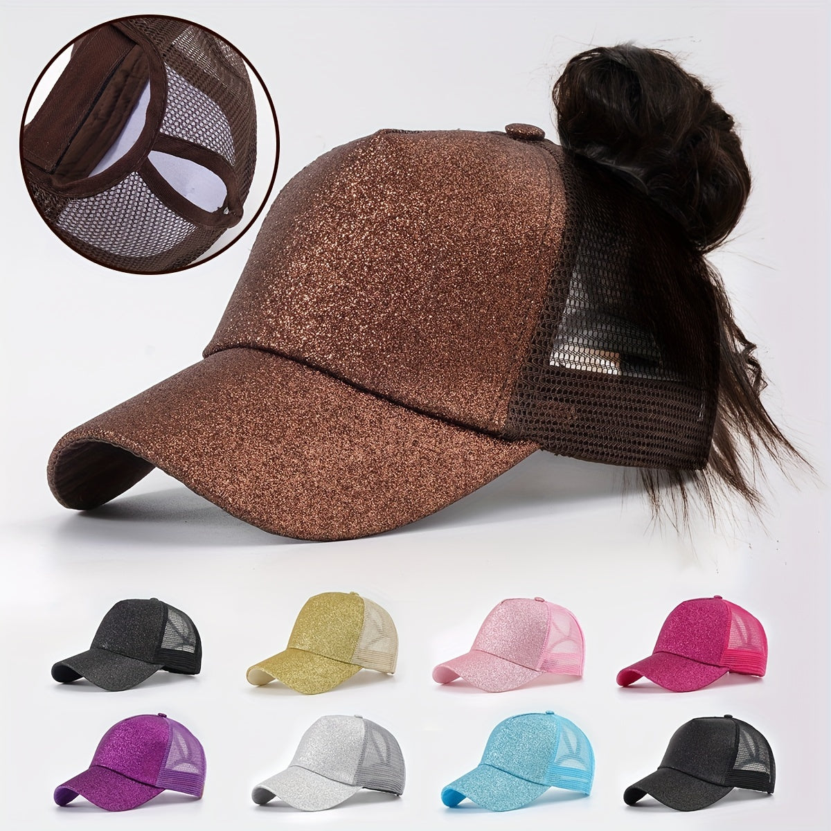 Glitter Ponytail Trucker Hat Solid Fluorescent Baseball Cap Mesh Sunshade