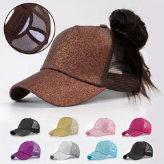 Glitter Ponytail Trucker Hat Solid Fluorescent Baseball Cap Mesh Sunshade