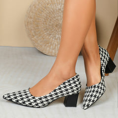 Women's Houndstooth Chunky High Heels Slip On Pumps