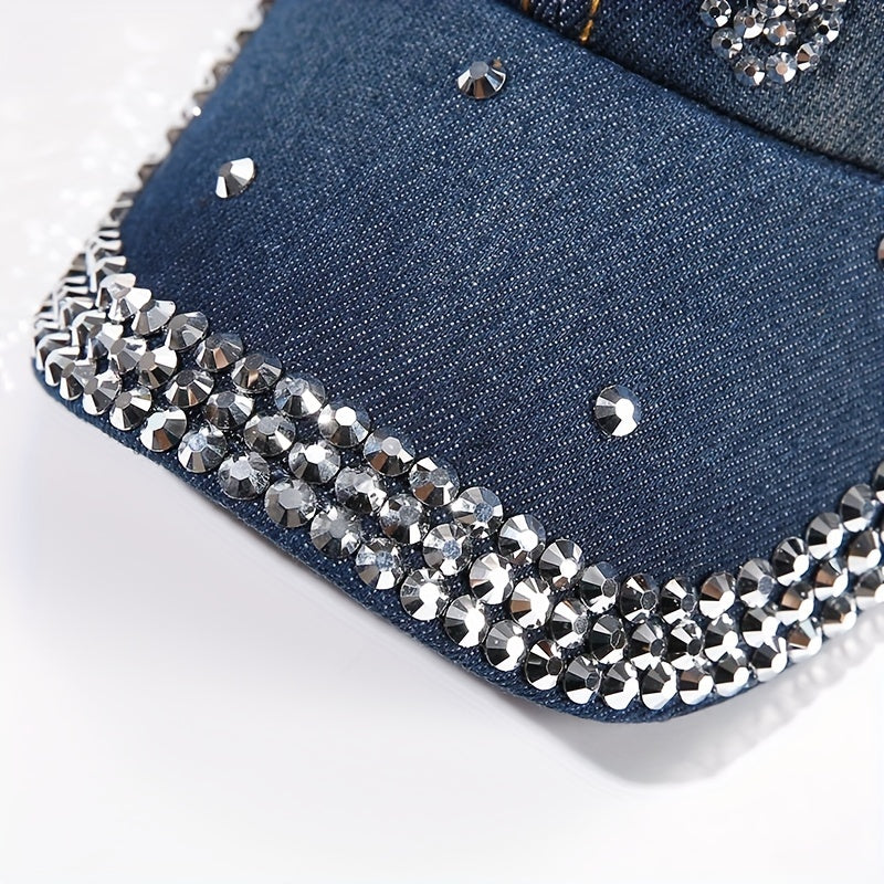 Sparkle Skull Hat for Women - Rhinestone Denim Ball Cap