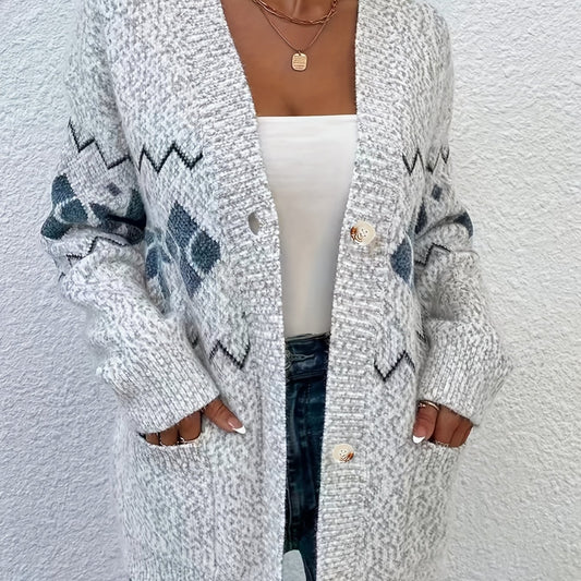 Geometric Print Button Up Cardigan With Pockets