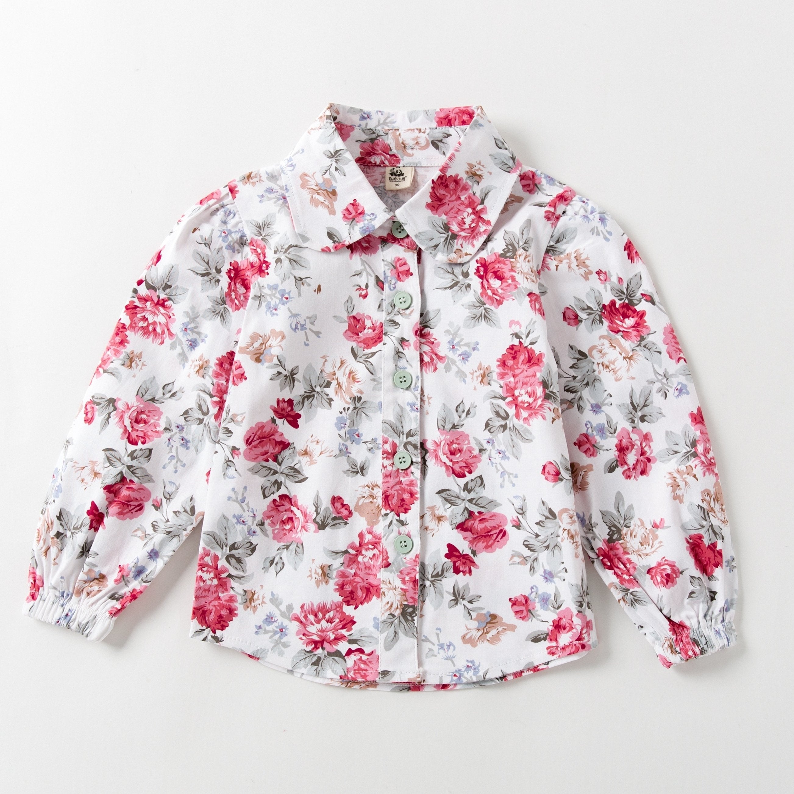 Girls Floral Lapel Shirt Elastic Cotton Top