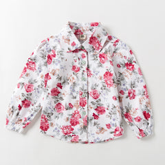 Girls Floral Lapel Shirt Elastic Cotton Top