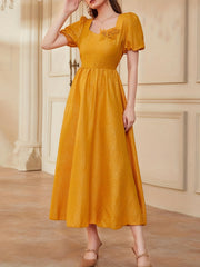 Square Neck Flower Patchwork Dress Short Sleeve Party Wear