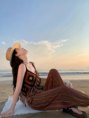Crochet Beachwear Top Fringe Trim Hollow Out V Neck Cami Women's Swimwear