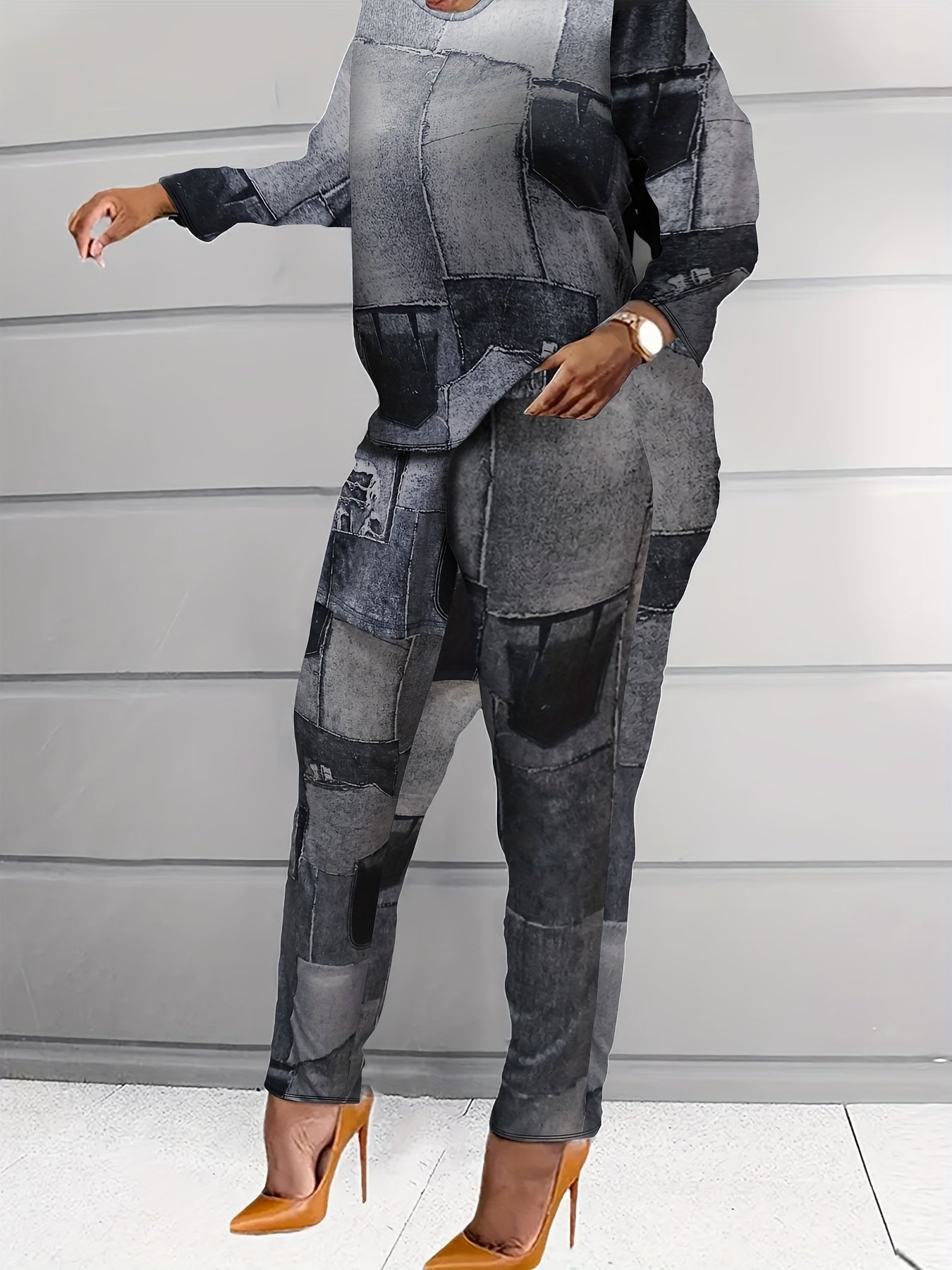 Women's Plus Denim Print Distressed Top & Pants Set