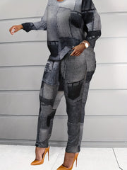 Women's Plus Denim Print Distressed Top & Pants Set
