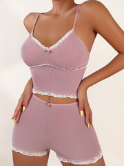 Lace Trim Pajama Set V Neck Cami Top & Elastic Waistband Shorts