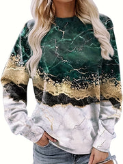 Marble Print Crew Neck Sweatshirt Long Sleeve Casual Top