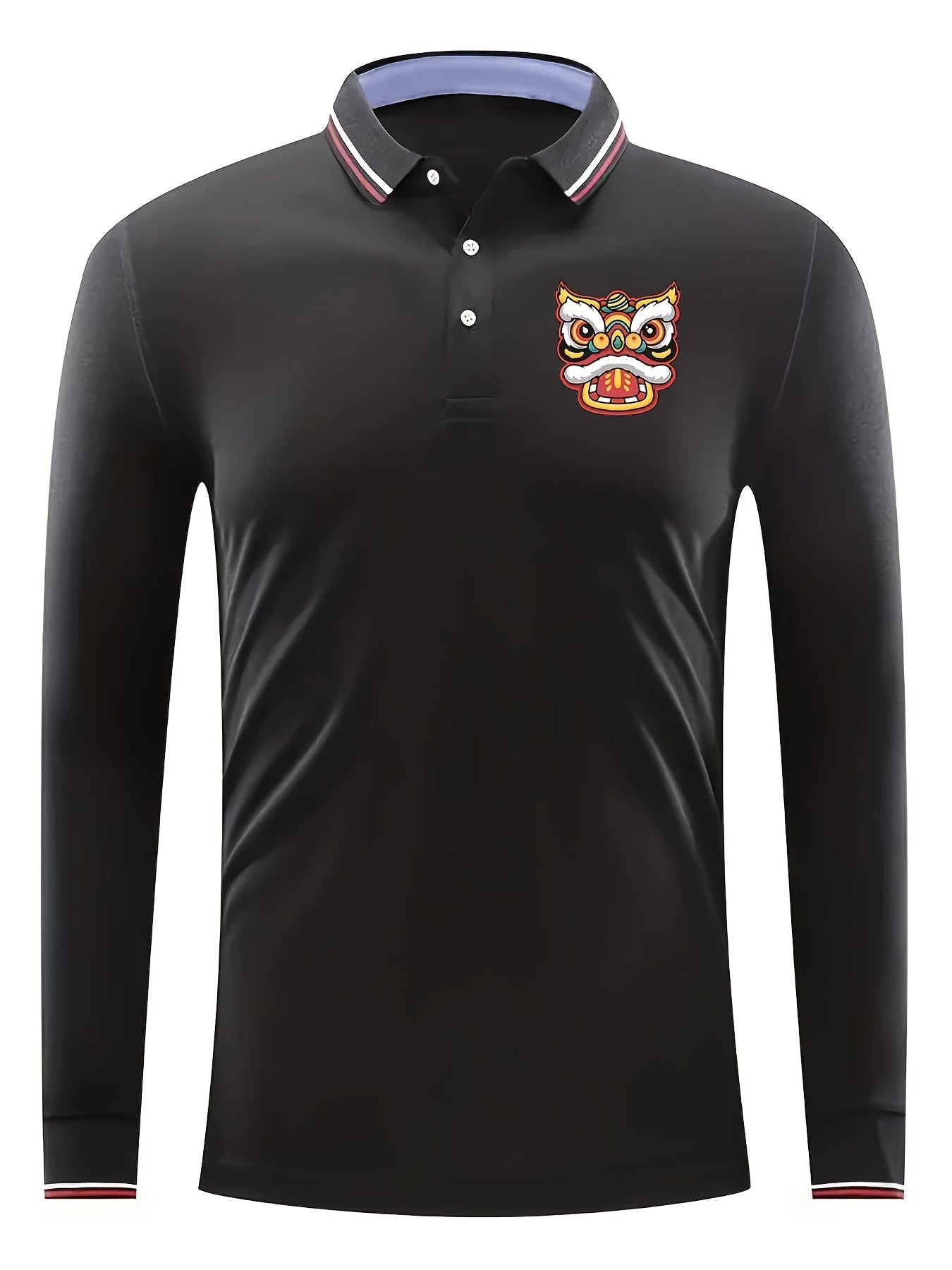 Lion Head Pattern Men's Long Sleeve Polo Shirt