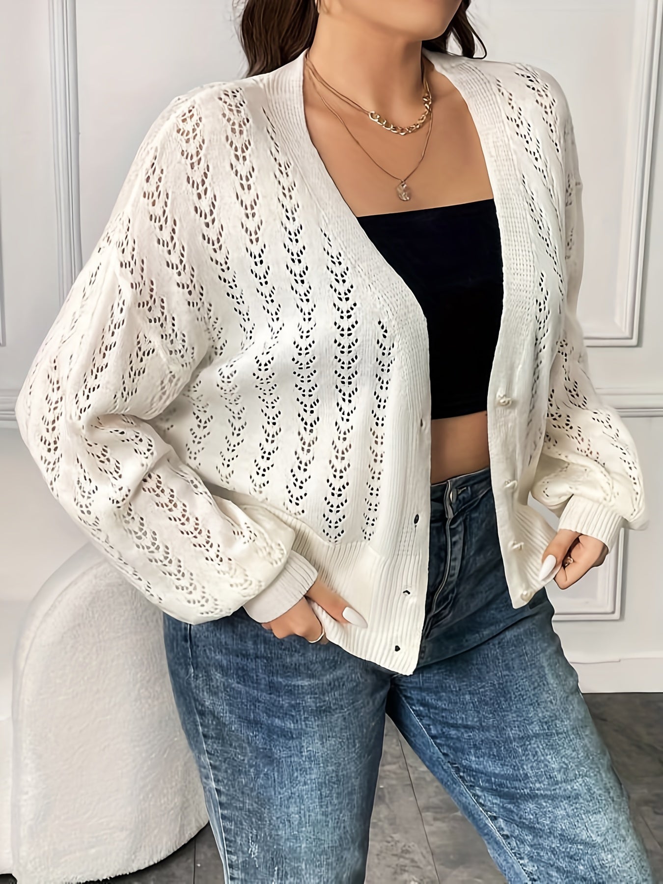 Women's Plus Solid Button Up Lantern Sleeve Open Front Cardigan