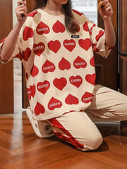Heart Print Pajama Set Short Sleeve Crew Neck Top & Colorblock Pants