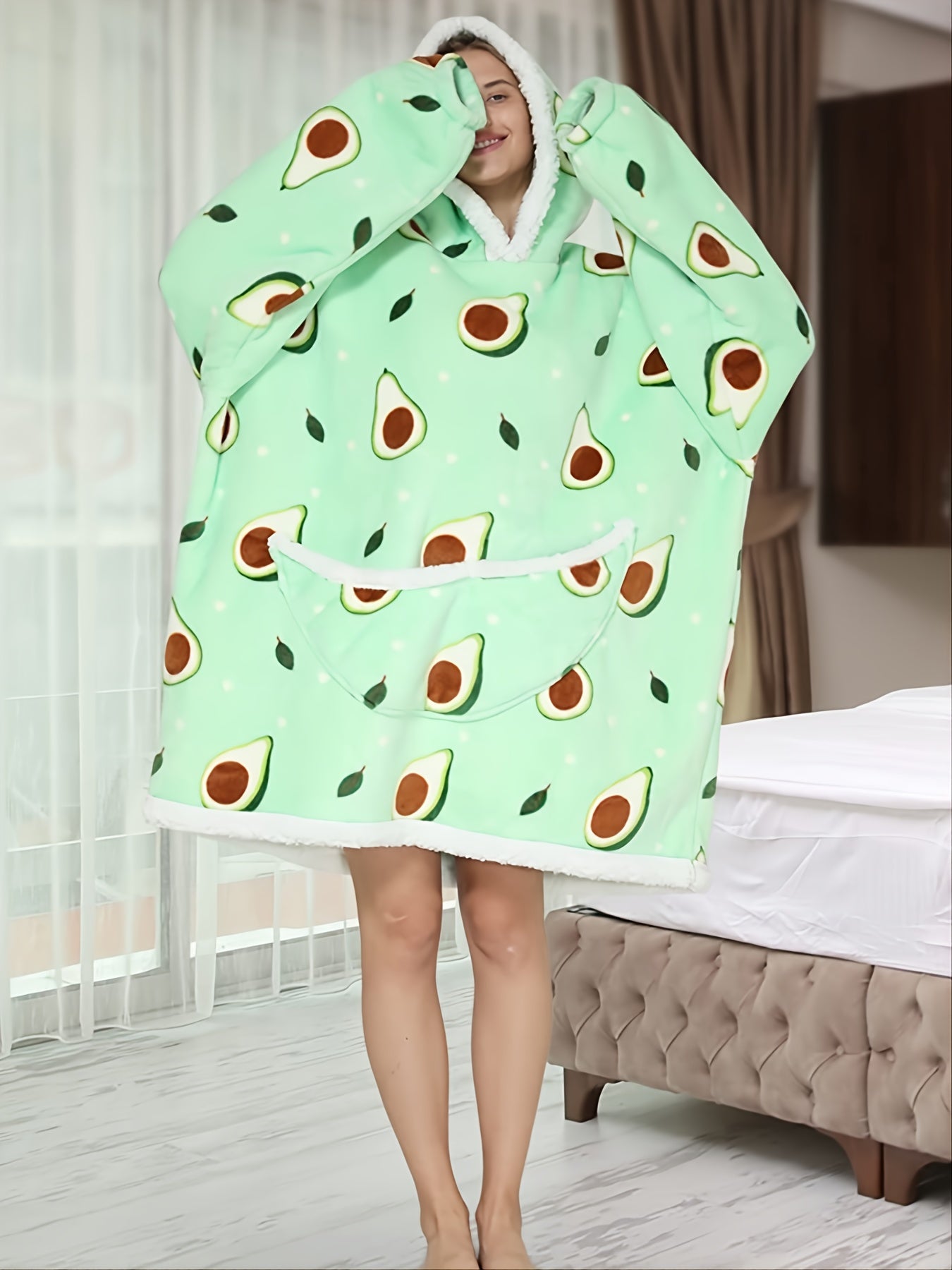 Fruit Pattern Hooded Flannel Robe Warm & Cozy Lounge Wear