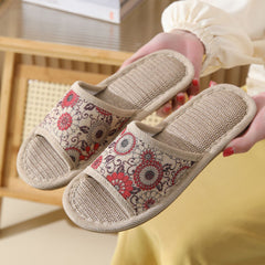 Women's Floral Linen Slides Open Toe Rattan Flat Shoes