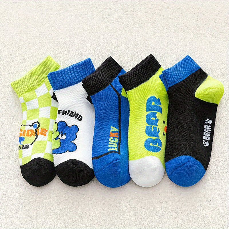 5 Pairs Boys Kids Cartoon Bear Ankle Socks Summer Spring Thin Mid Tube Socks