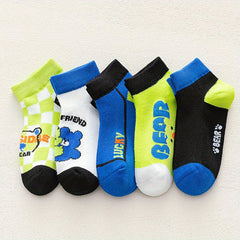 5 Pairs Boys Kids Cartoon Bear Ankle Socks Summer Spring Thin Mid Tube Socks