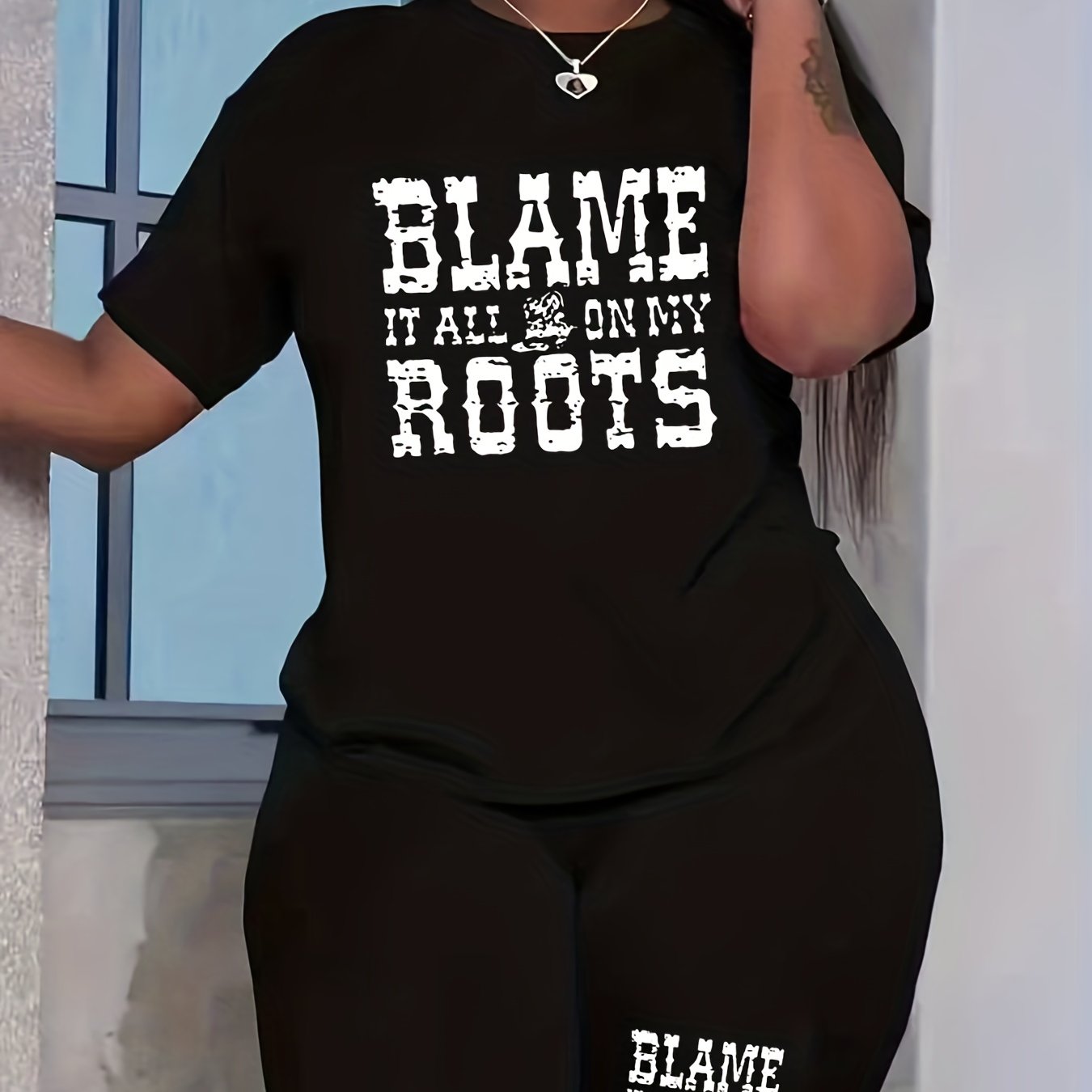 Women's Plus Letter Print Crew Neck Short Sleeve Top