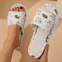 Cat Print Flat Slippers Open Toe Lightweight Casual Slides Shoes