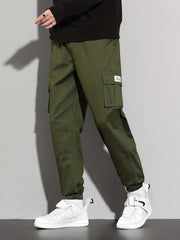 Solid Cargo Pants Men's Flap Pocket Trousers
