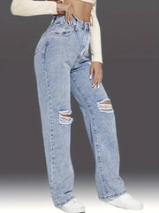 Loose Fit Straight Jeans Ripped Holes Slash Pockets Denim Pants