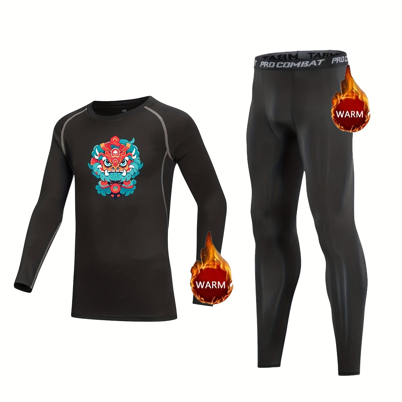 Kids Chinese Dragon Totem Print Fleece Lined Compression Base Set