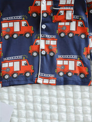 Boys Fire Truck Print Pajama Set Long Sleeve Button Front Loungewear