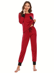Colorblock Lounge Set Long Sleeve Crew Neck Top & Pants Women's Loungewear