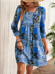 Boho Dress Floral Print Half Sleeve Round Neck Pleated Dress