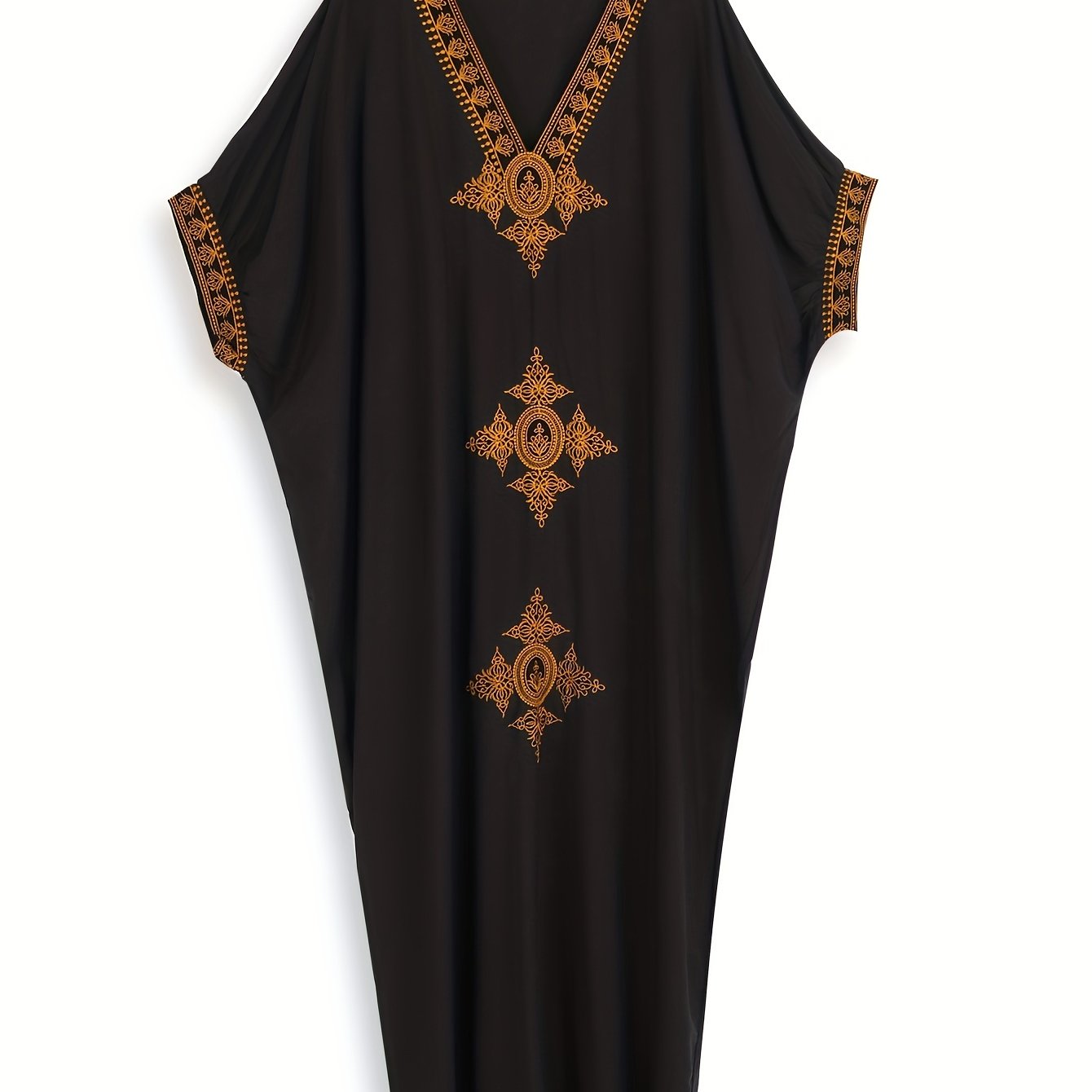 Golden Embroidered Batwing Sleeve V Neck Maxi Cover Up Dress