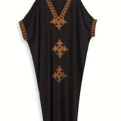 Golden Embroidered Batwing Sleeve V Neck Maxi Cover Up Dress