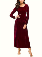Solid Velvet Long Sleeve Round Neck Maxi Dress
