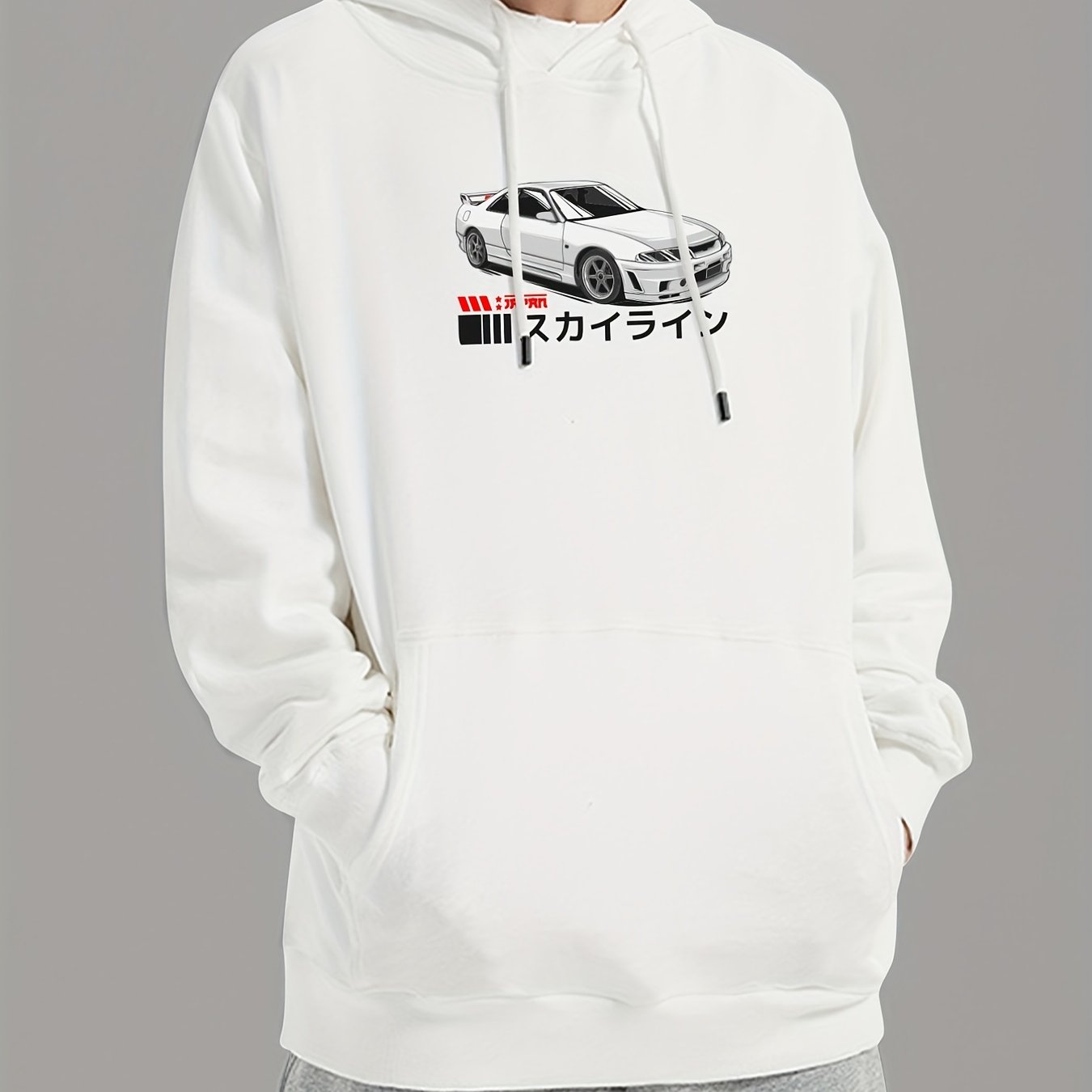 Japanese Characters & Car Print Hoodie for Men