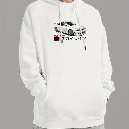 Japanese Characters & Car Print Hoodie for Men