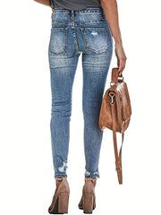 Ripped Holes Skinny Jeans Slim Fit Single Breasted Button Split Denim Pants