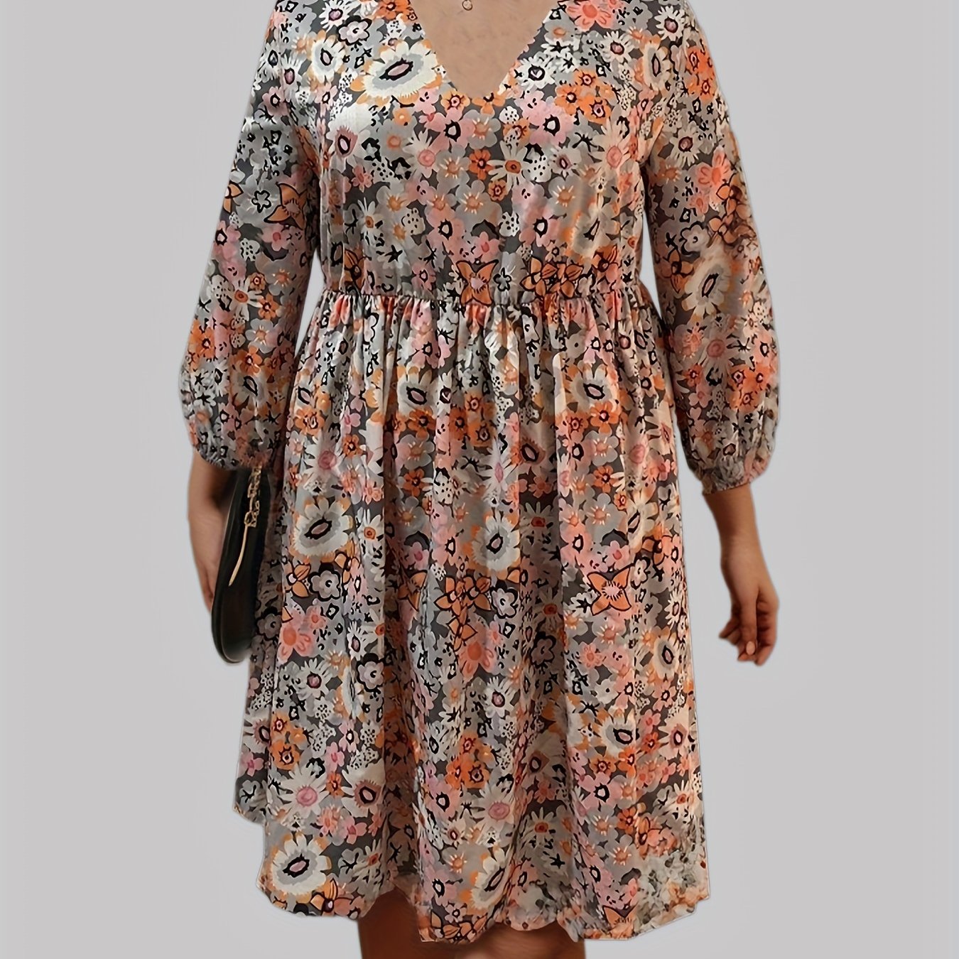 Floral Print Half Sleeve V Neck Pleated Dress
