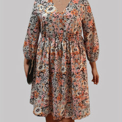 Floral Print Half Sleeve V Neck Pleated Dress