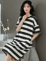 Striped Print Nightdress Short Sleeve Sleep Dress Women's Sleepwear