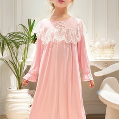 Girls Nightdress Puff Sleeve Ruffle Pajamas Lace Loungewear