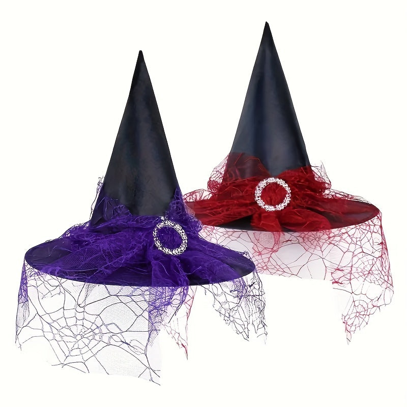 Halloween Witch Hat Decorative Mesh Pumpkin Print Magician Pointed Wizard Hat