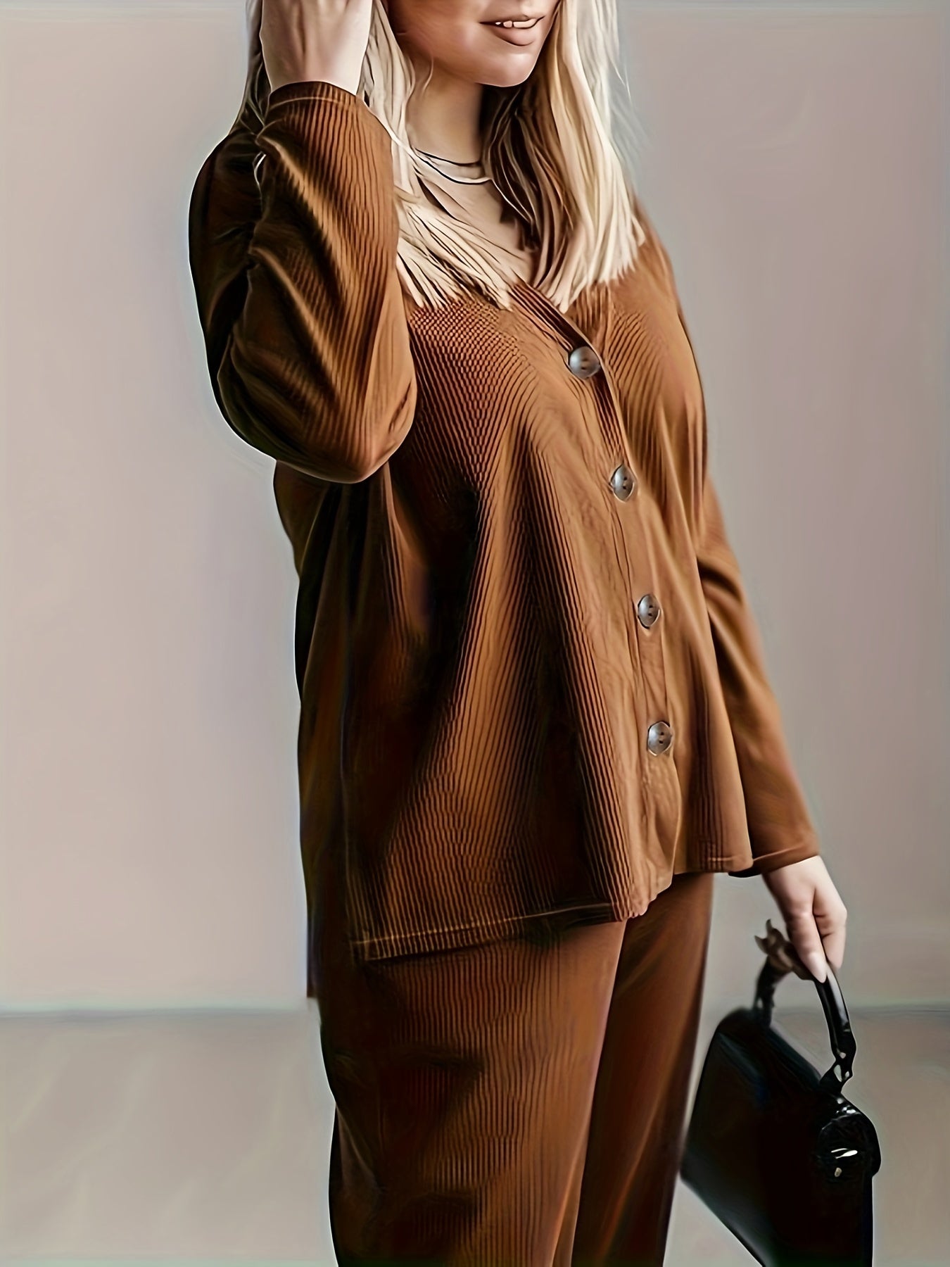 Solid Long Sleeve Button Up Ribbed Knit Cardigan & Pants 2 Piece Set