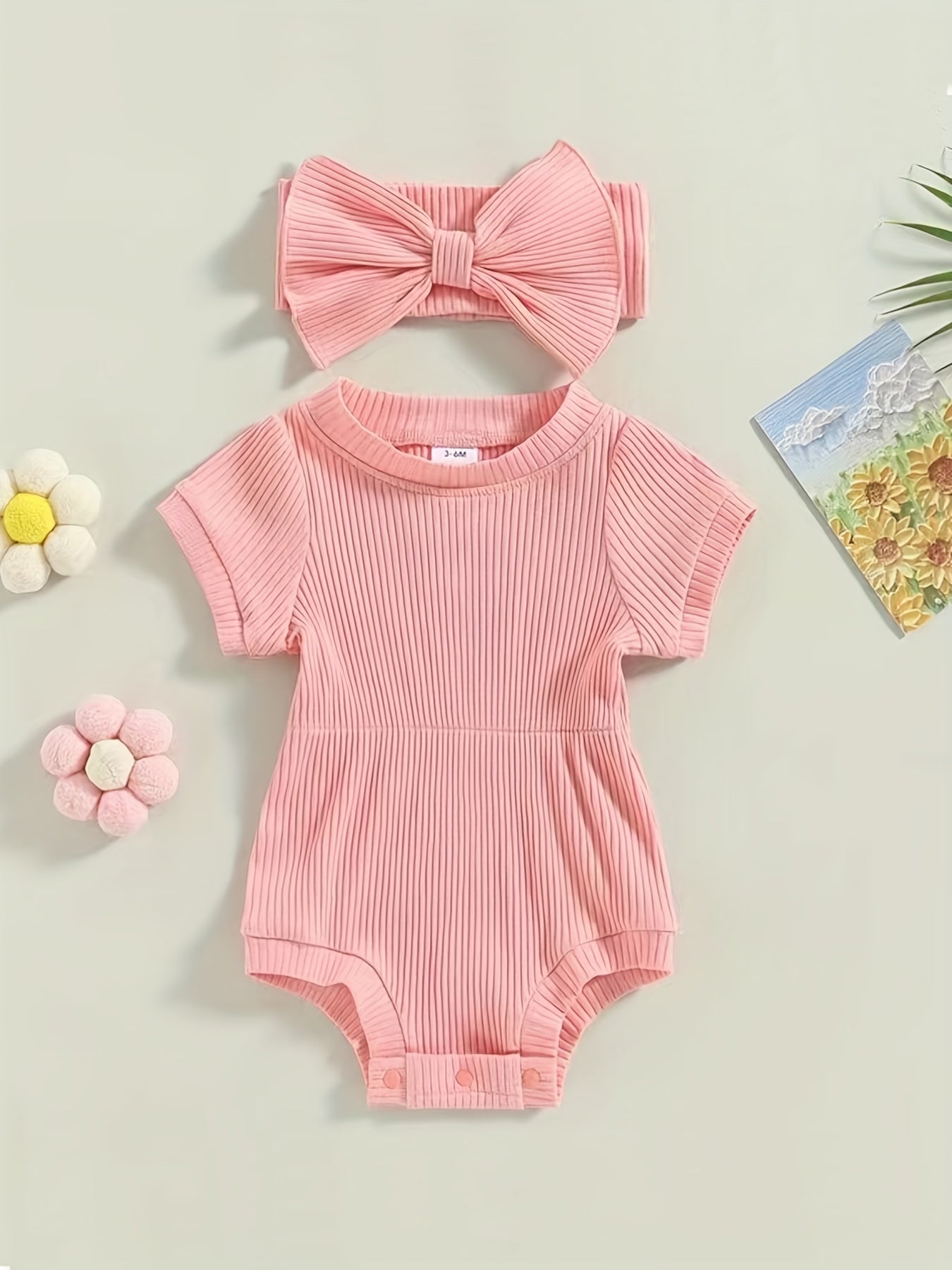 2pcs Baby Girls Short Sleeves Onesie & Bowknot Headband Set