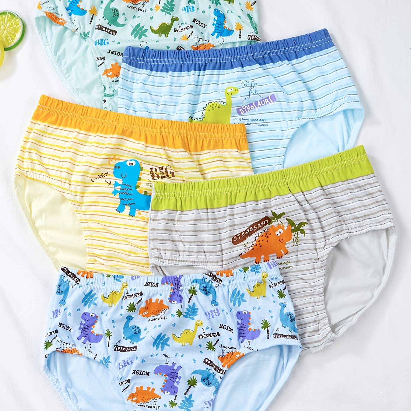 5pcs Boys Dinosaur Print Boxer Briefs Soft Cotton Underwear