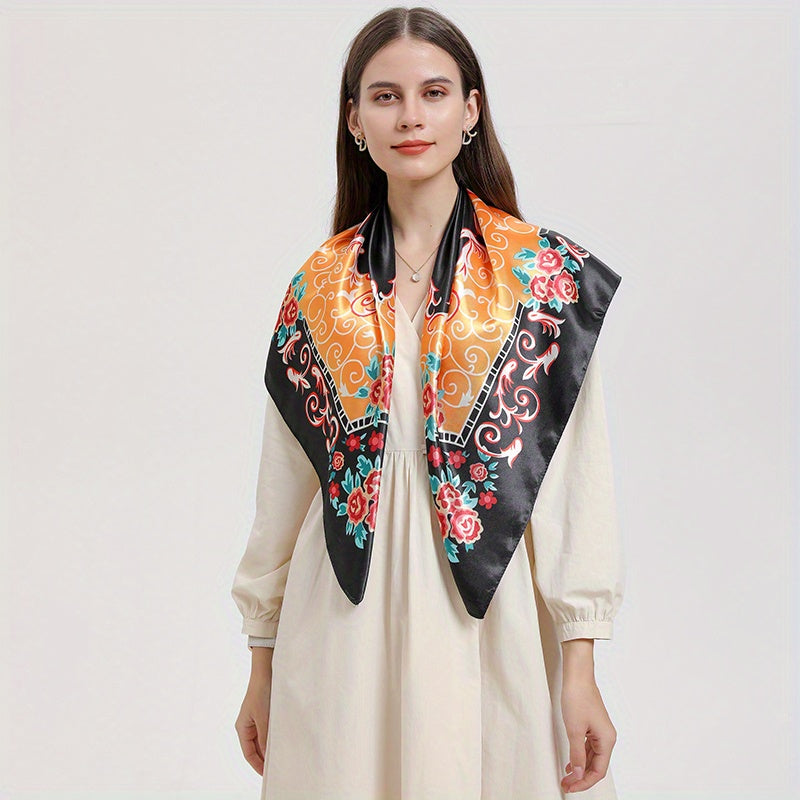 Vintage Floral Print Square Scarf Satin Shawl Women Head Wraps