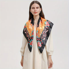 Vintage Floral Print Square Scarf Satin Shawl Women Head Wraps